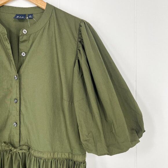 Gap Bubble Sleeve Cotton Poplin Dress Cinch Waist Button Front Size Medium Green - Picture 4 of 15